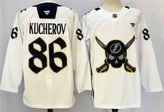 Men%27s Tampa Bay Lightning #86 Nikita Kucherov 2024-25 White Gasparilla Inspired Pirate-Themed Warmup Stitched Jersey